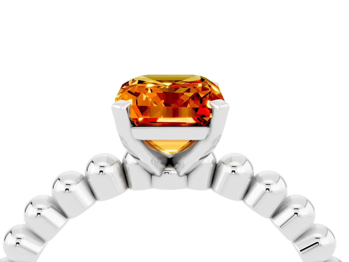 Emerald Cut Citrine Solitaire Ring with Beaded Band and Prong Setting Silver