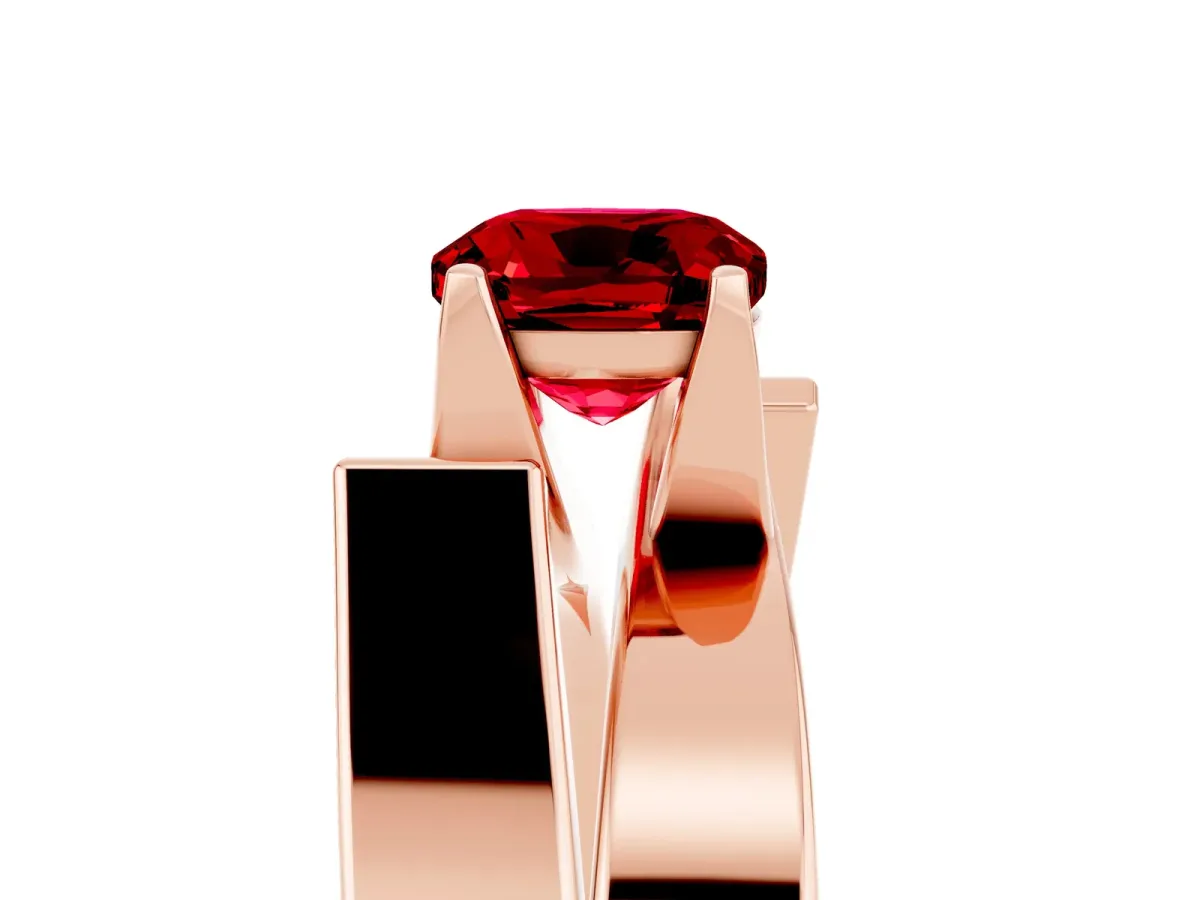 Modern Tension Set Cushion Cut Ruby Solitaire Wide Band Ring Rose gold