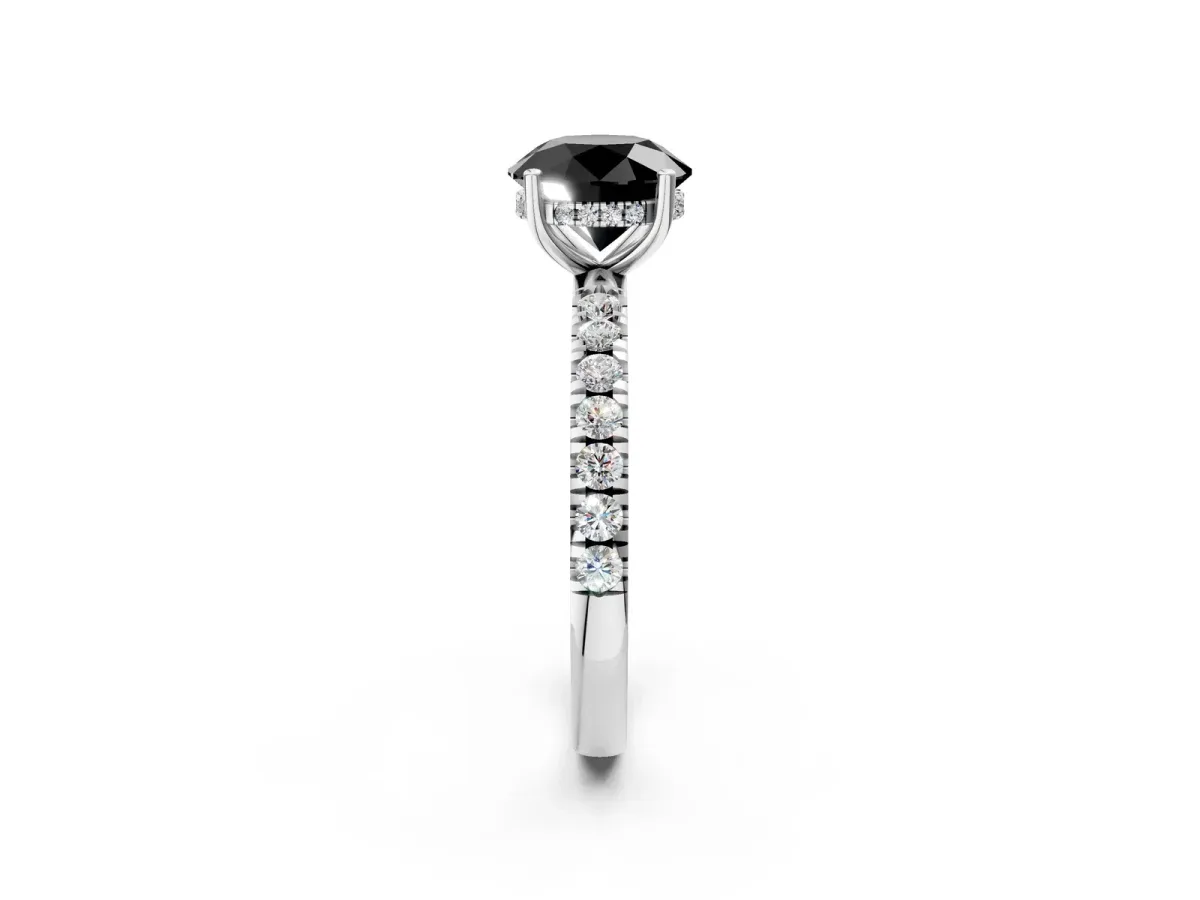 Fancy Black Round Cut Diamond Pave Band Solitaire Ring with Round and Prong Setting Silver