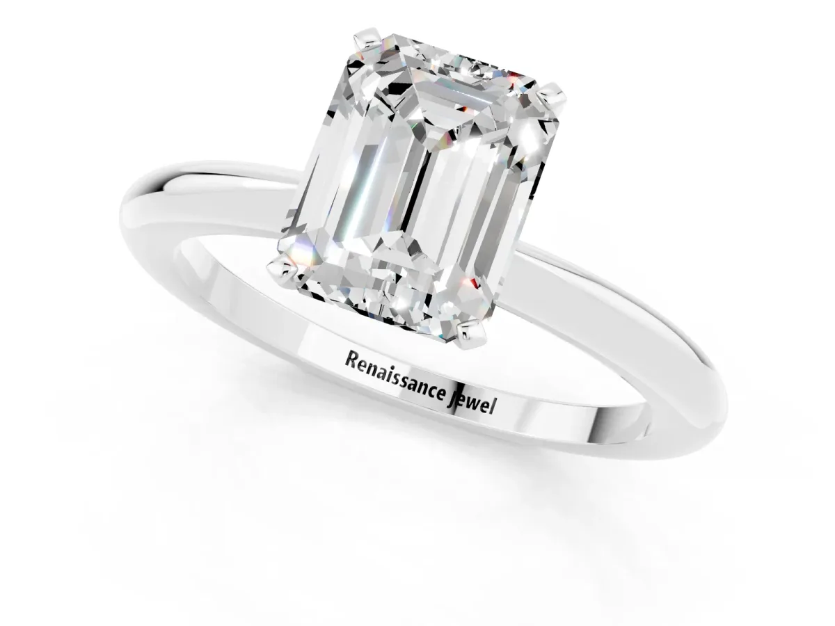 Emerald Cut Moissanite Solitaire Ring with Six-Prong Setting and Classic Band Silver
