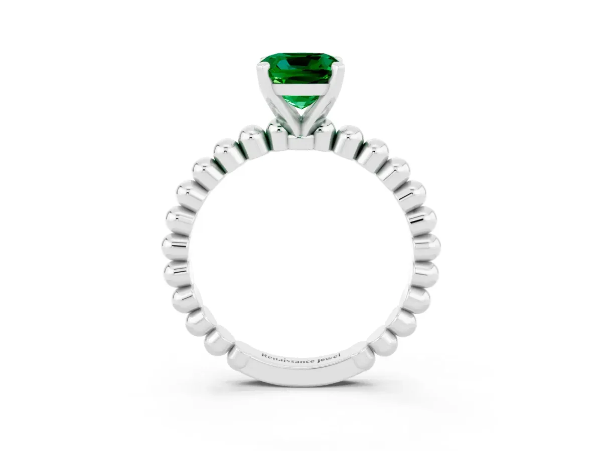 Cushion Cut Emerald Solitaire Ring with Beaded Band and Prong Setting Platinum