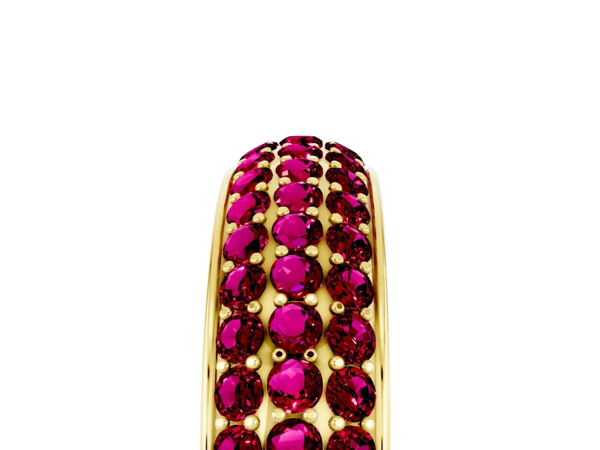 Three-Row Round Garnet Eternity Band with Shared Prong Setting Yellow gold