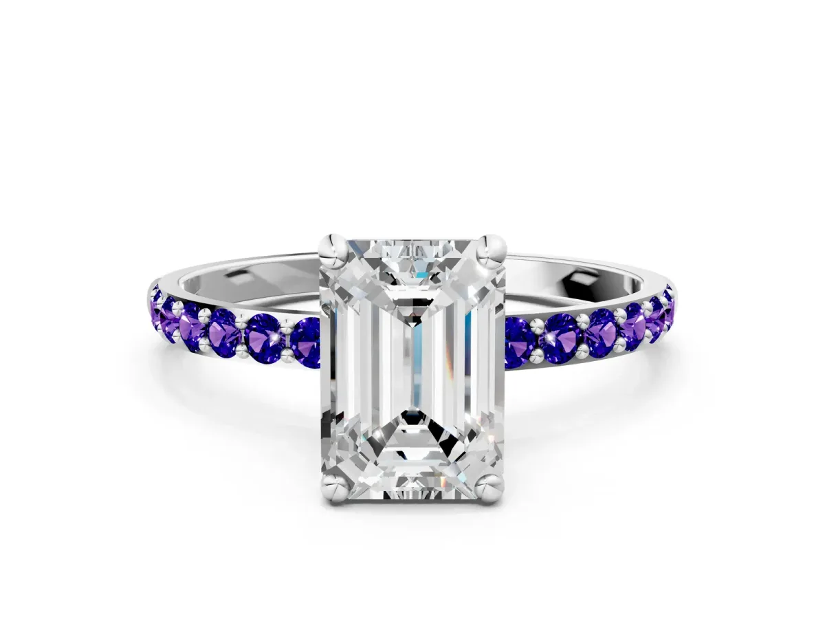 Emerald Cut Diamond Solitaire Ring with Round Tanzanite Pavé Band and Prong Setting Silver