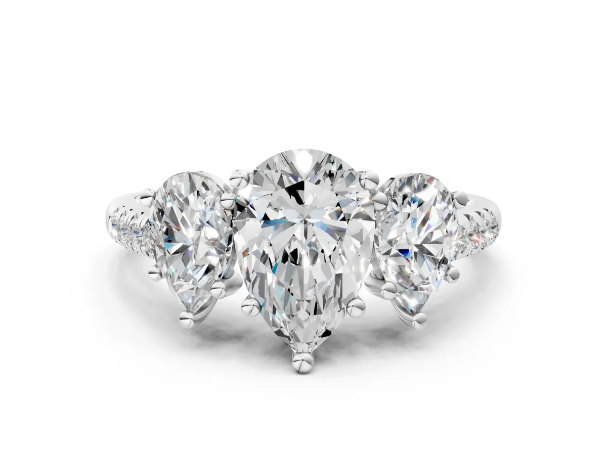 Three-Stone Pear Cut Diamond Ring with Round Moissanite Pavé Band and Prong Setting Silver