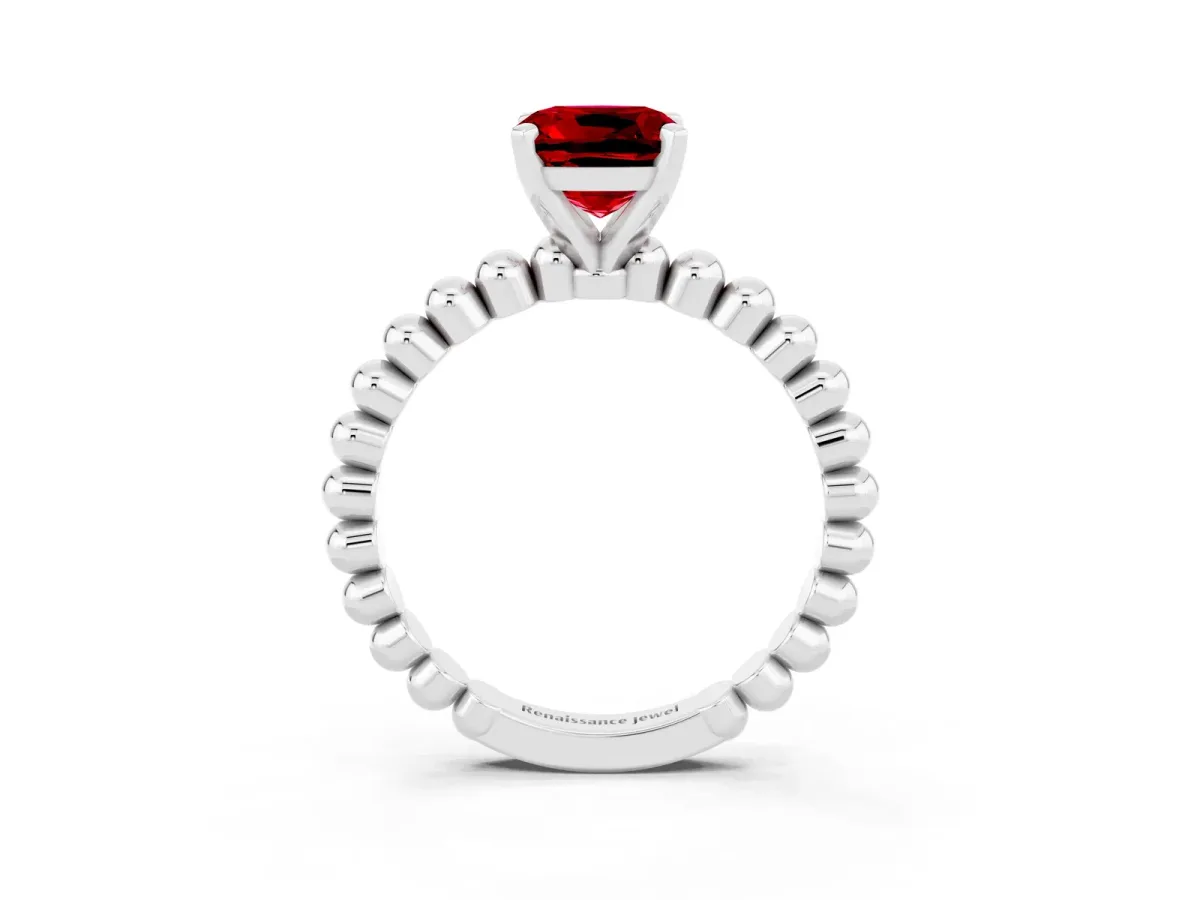 Cushion Cut Ruby Solitaire Ring with Beaded Band and Prong Setting Silver