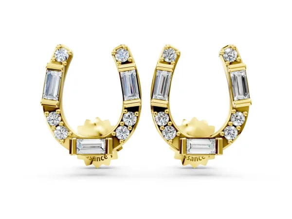 Baguette and Round Diamond Horseshoe Stud Earrings Yellow gold
