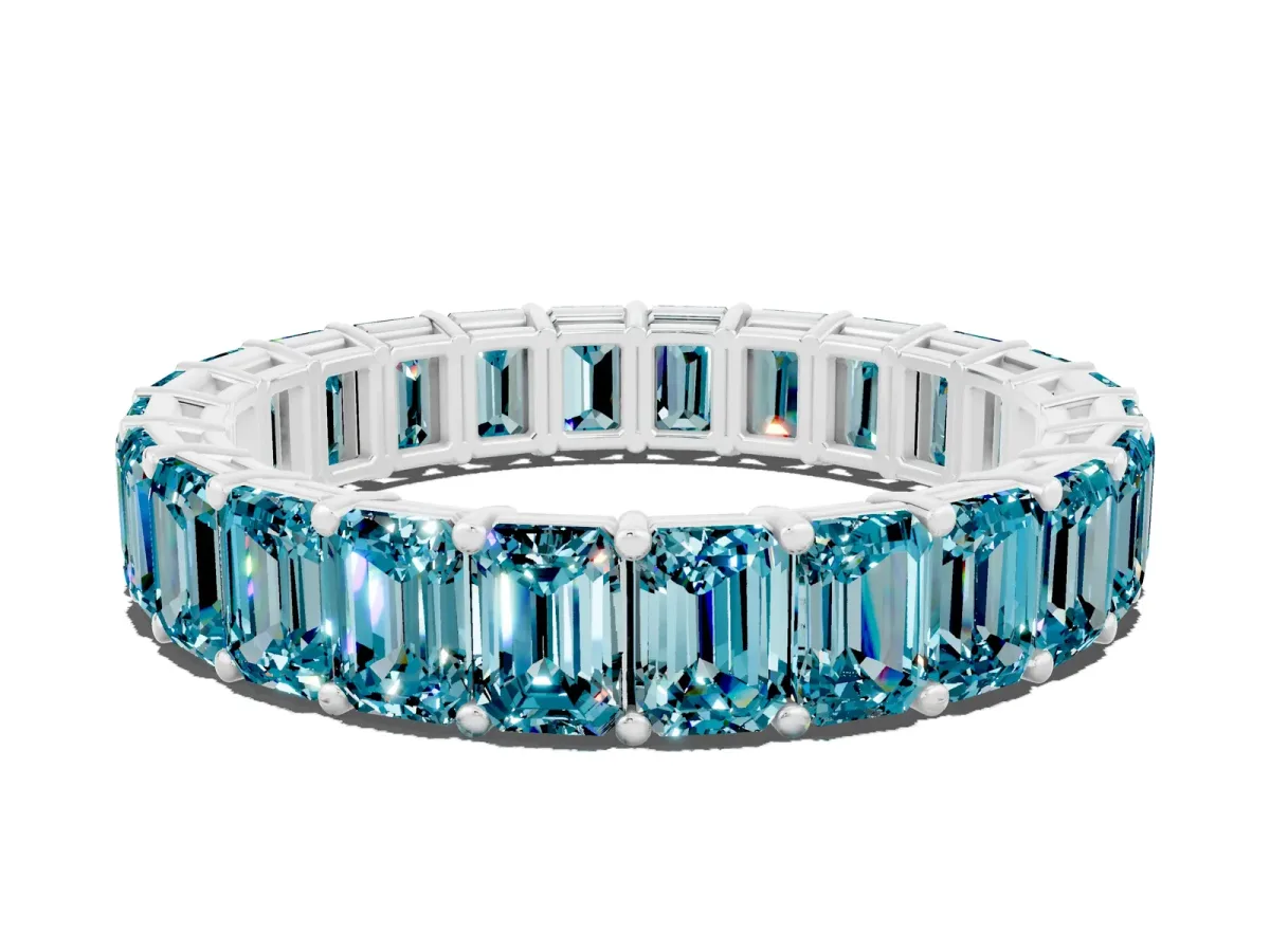 Emerald Cut Blue Topaz Eternity Band with Shared Prong Setting Platinum