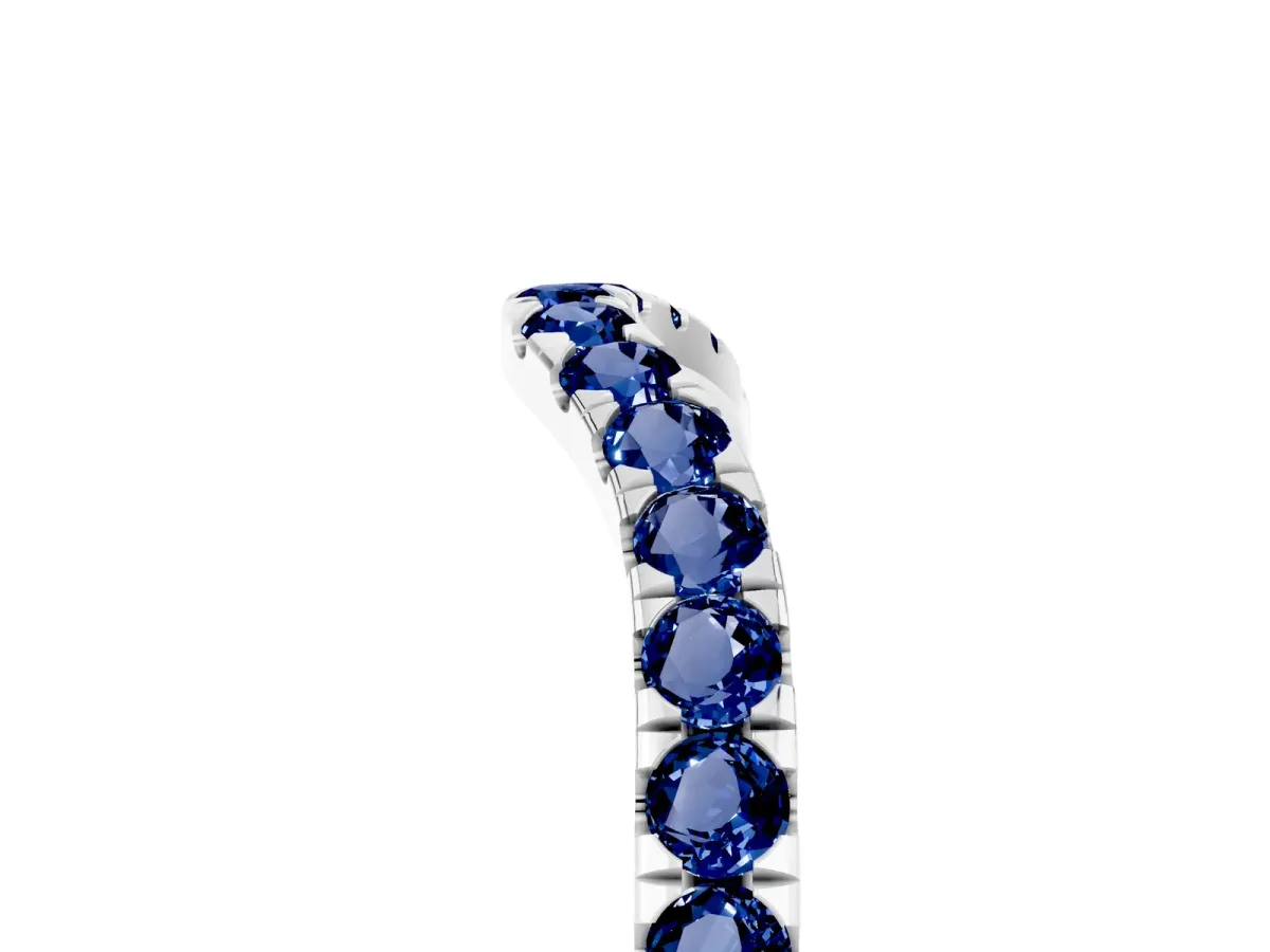 Curved Pavé Round Blue Sapphire Wedding Band with Shared Prong Setting White gold