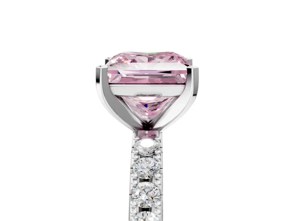 Fancy Pink Princess Cut Diamond Solitaire Pavé Band with Four-Prong Setting Silver