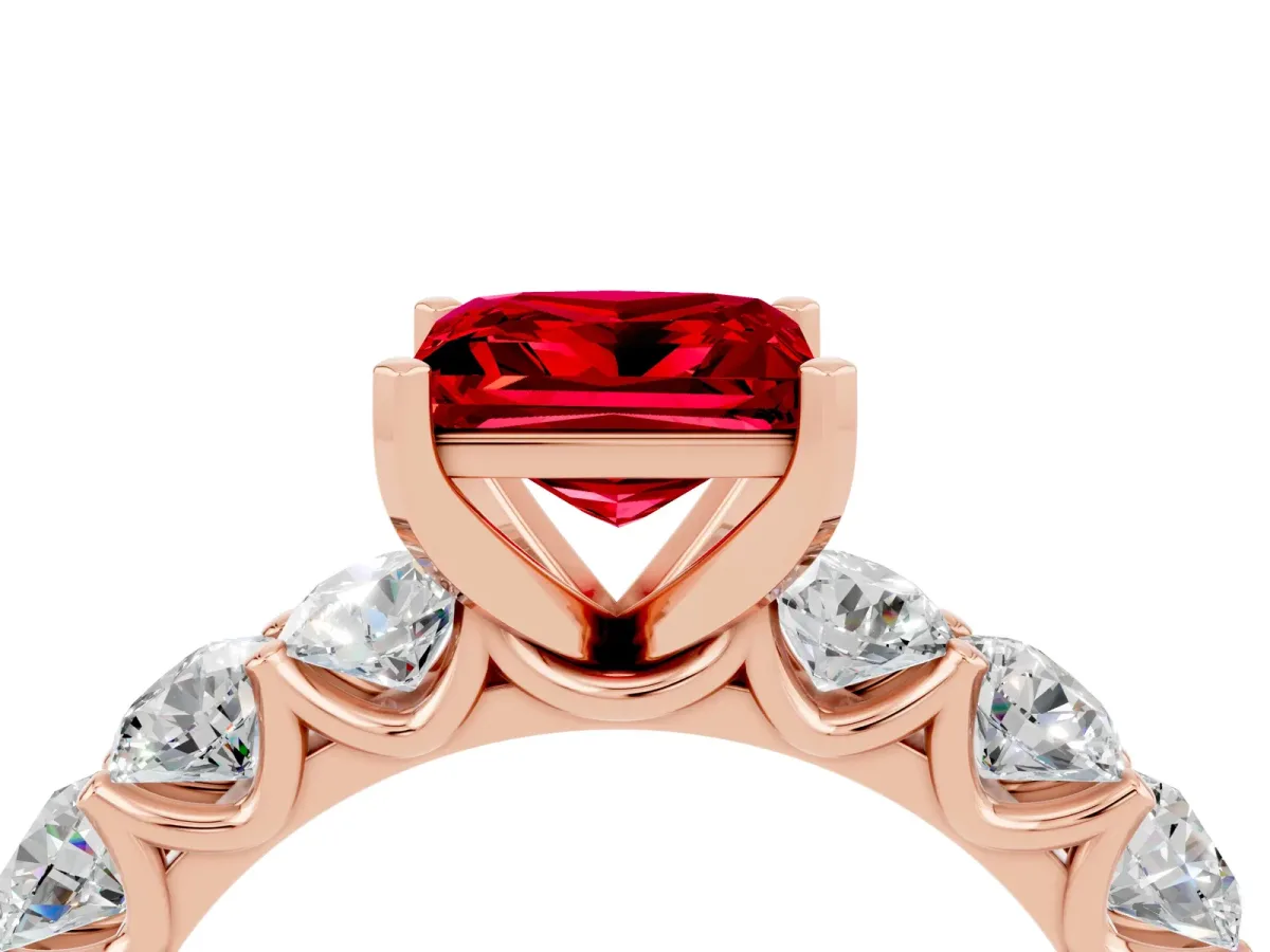 Princess Cut Ruby Prong Setting with Side Stones on a Pave Band Rose gold