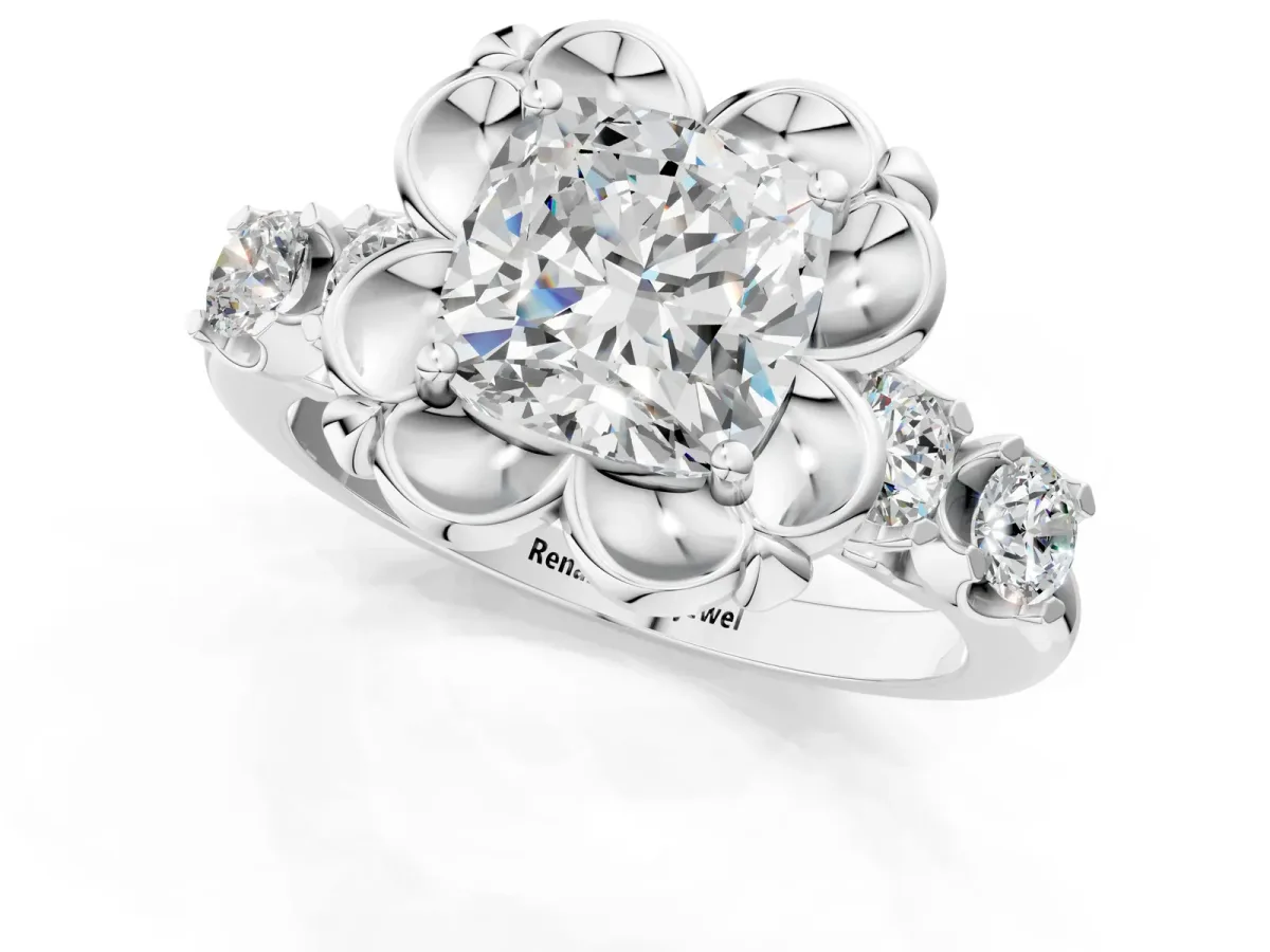 Cushion Cut Cut Diamond Floral Halo Engagement Ring with Shared Prong Setting Silver