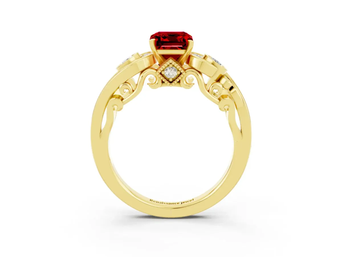 Emerald Cut Ruby Solitaire Ring with Milgrain Pavé Band and Four-Prong Setting Yellow gold