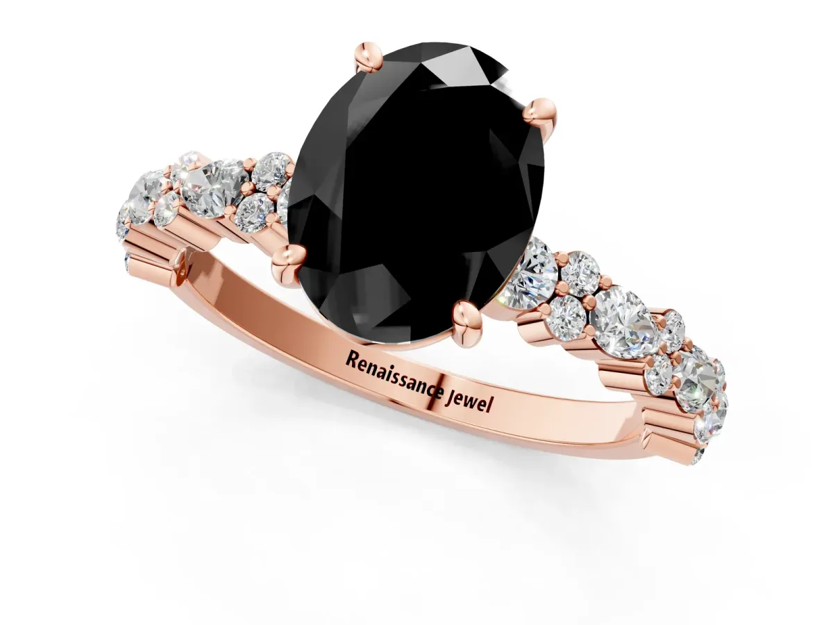 Fancy Black Oval Cut Diamond Side Stone Solitaire Ring with Round and Four-Prong Setting Rose gold