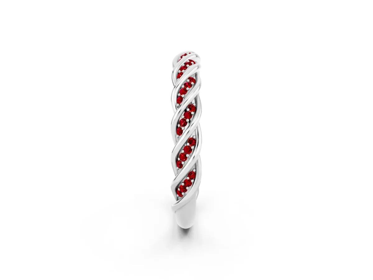 Twisted Pavé Round Ruby Eternity Band with Shared Prong Setting Silver