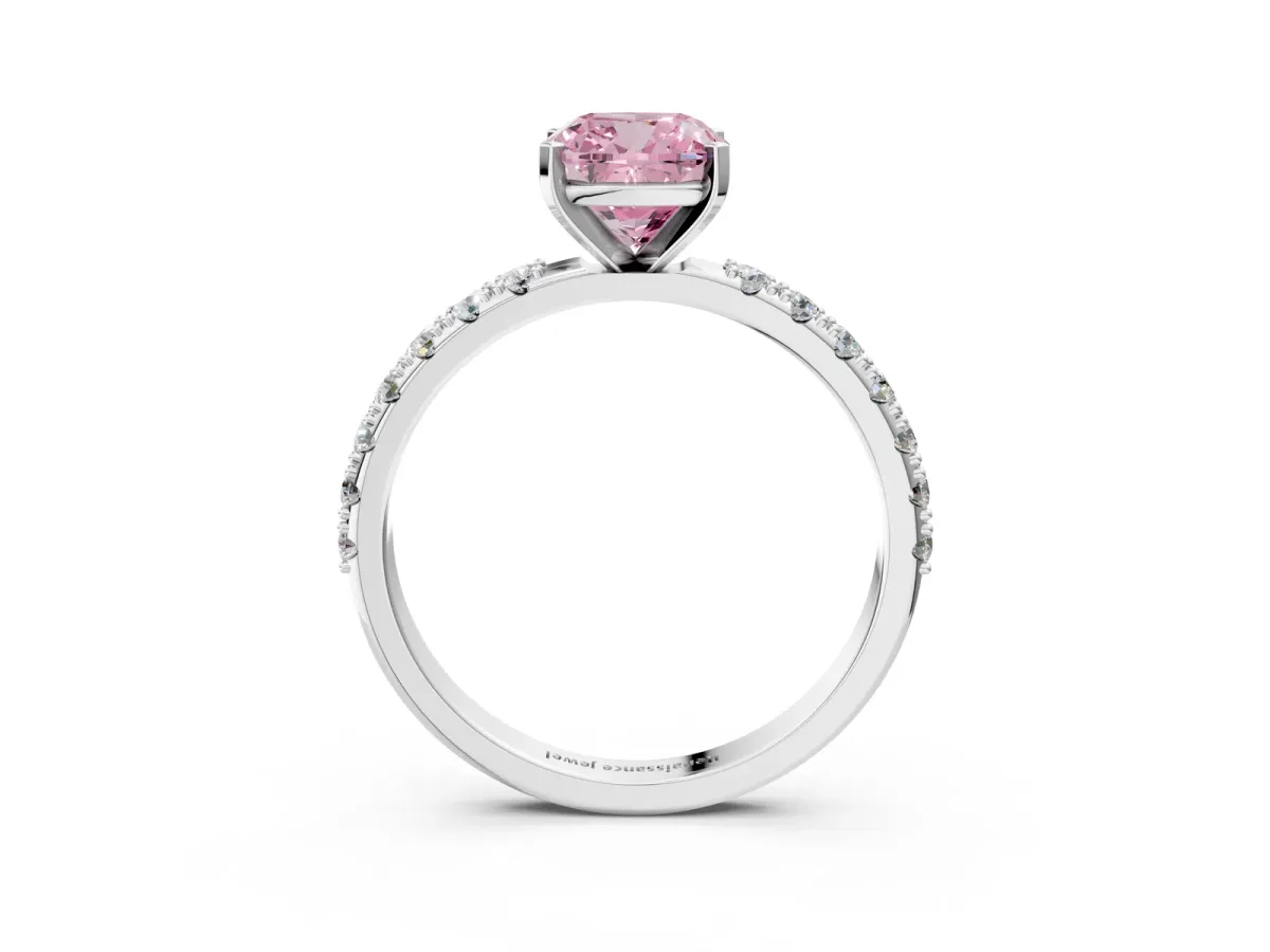 Fancy Pink Cushion Cut Diamond Solitaire Pavé Band with Four-Prong Setting Silver