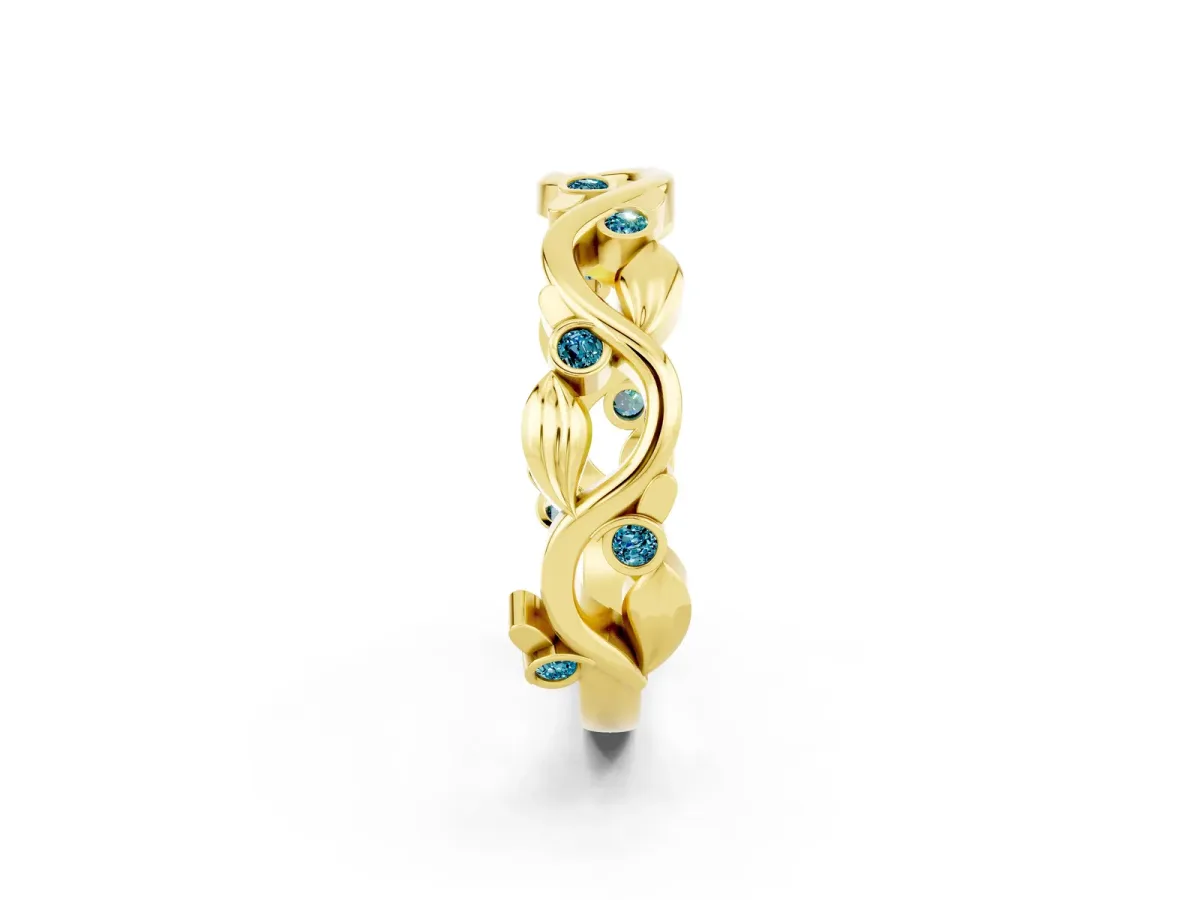 Round Blue Topaz Leaf Eternity Band with Bezel Setting Yellow gold