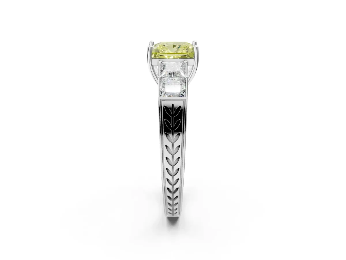 Fancy Yellow Princess Cut Solitaire Princess Side Stone Engraved Band Prong Setting Ring Platinum