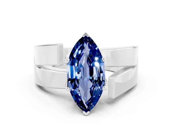 Modern Tension Set Marquise Cut Blue Sapphire Solitaire Wide Band Ring Platinum