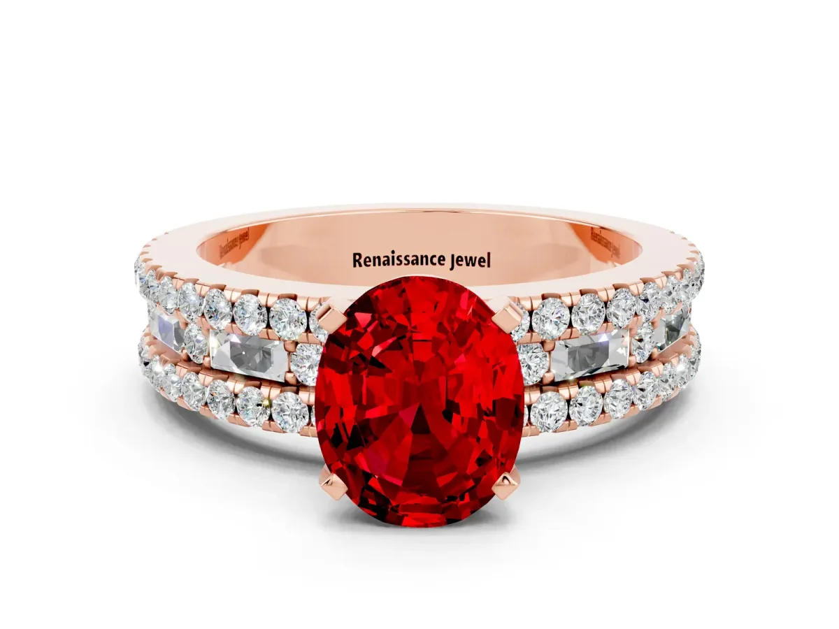 Oval Cut Ruby Solitaire Ring with Pavé and Channel Set Band Rose gold