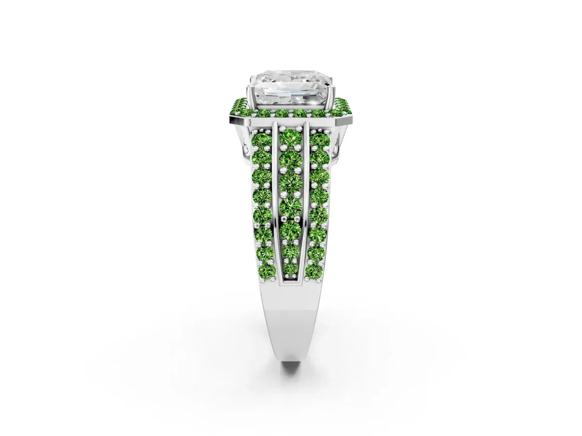 Princess Cut Halo Diamond Ring with Round Peridot Split Shank and Prong Setting Silver