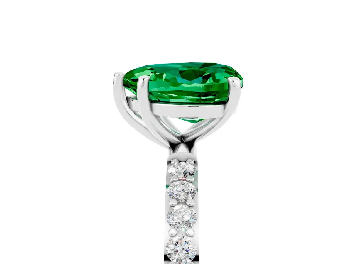 Heart Cut Emerald Solitaire Ring with Round Pavé Band and Prong Setting Platinum