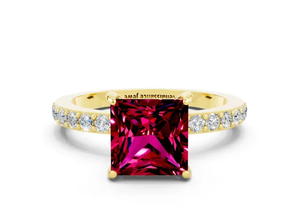 Princess Cut Garnet Solitaire Engagement Ring with Pavé Band and Four-Prong Setting Yellow gold