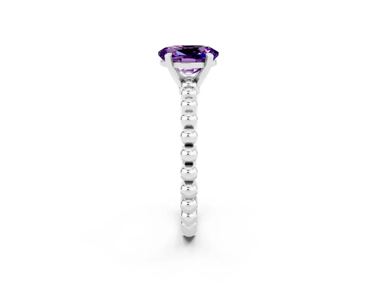 Oval Cut Amethyst Solitaire Ring with Beaded Band and Prong Setting Silver