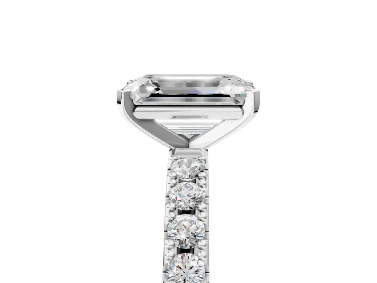 Emerald Cut Diamond Solitaire Pavé Band with Four-Prong Setting Silver