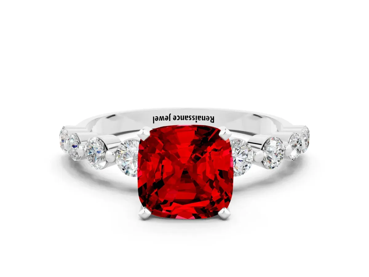 Cushion Cut Solitaire Ruby Ring with Pave Band and Four-Prong Setting Platinum