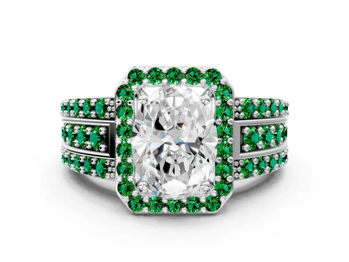 Oval Cut Halo Diamond Ring with Round Emerald Split Shank and Prong Setting Silver