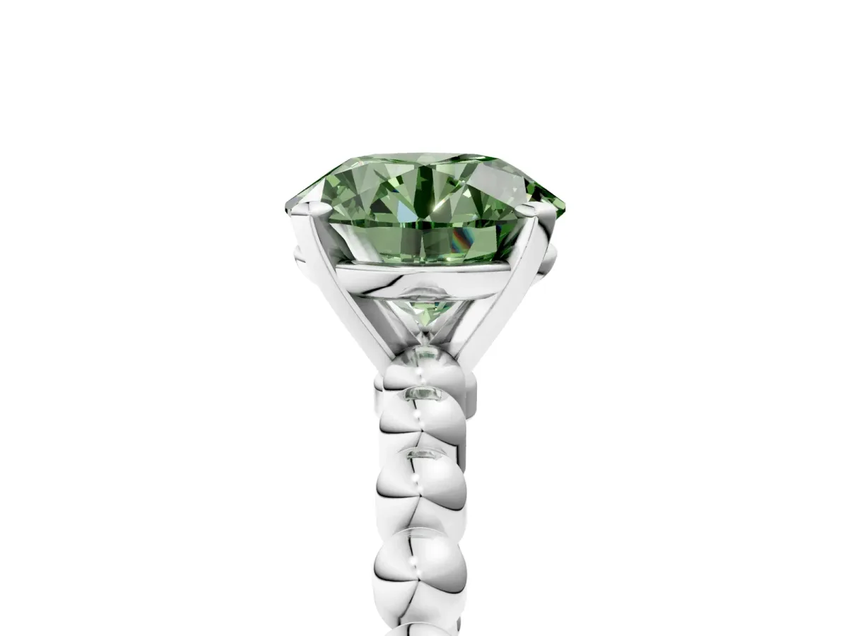 Fancy Green Round Cut Diamond Solitaire Ring with Beaded Band and Prong Setting Silver