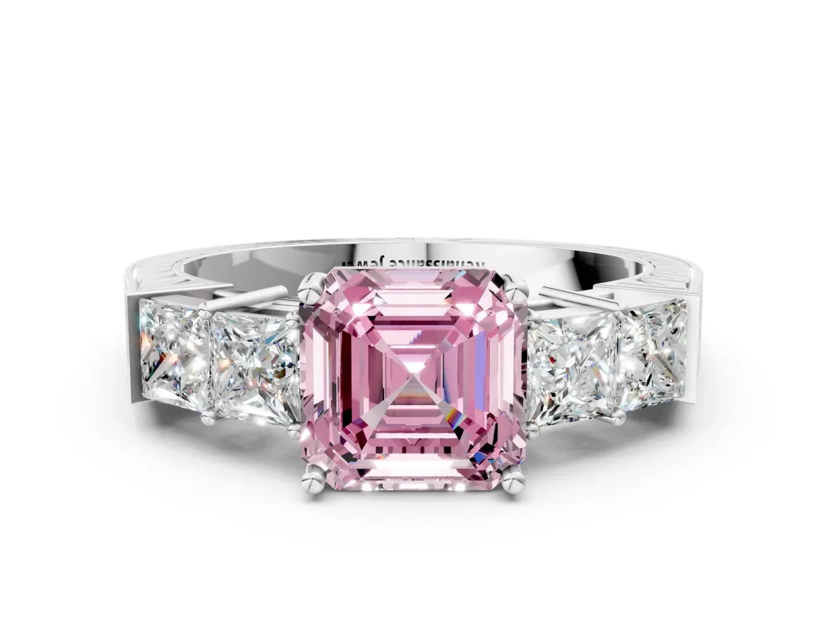 Fancy Pink Asscher Cut Solitaire Princess Side Stone Engraved Band Prong Setting Ring Silver