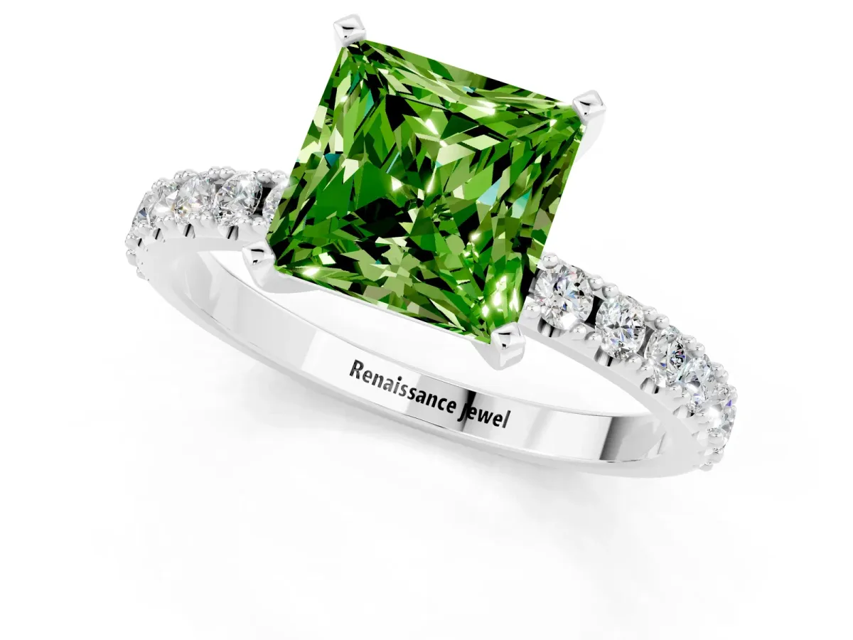 Princess Cut Peridot Solitaire Pavé Band with Four-Prong Setting Platinum