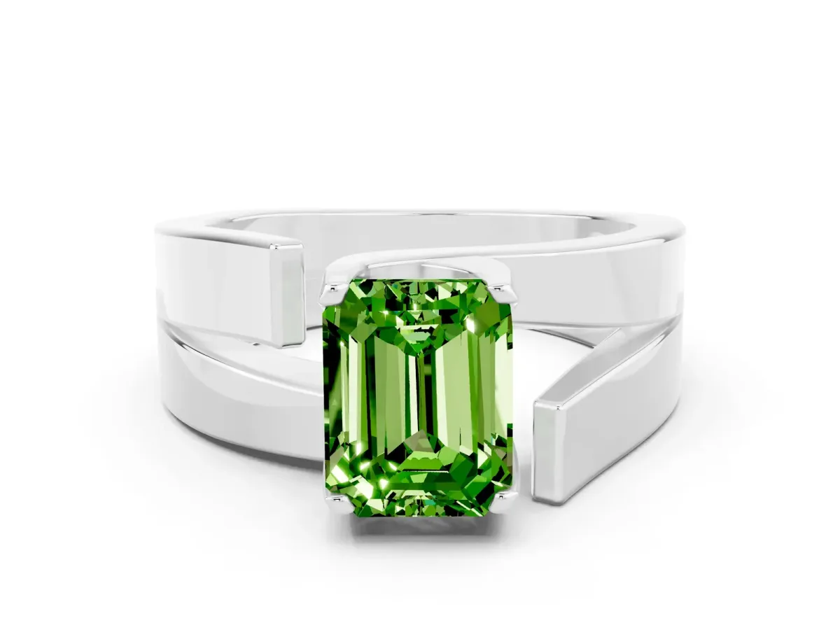 Modern Tension Set Emerald Cut Peridot Solitaire Wide Band Ring Silver