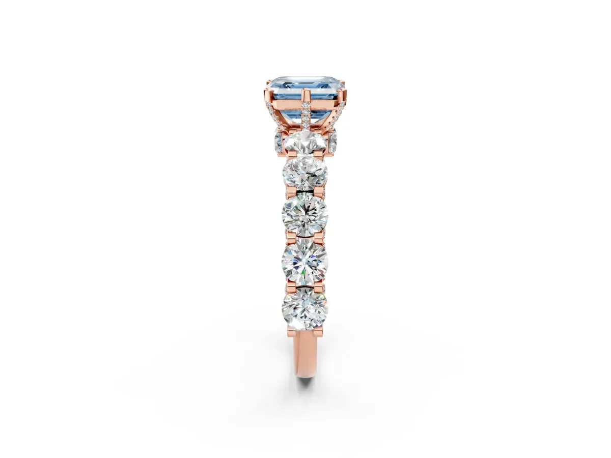 Fancy Blue Asscher Cut Diamond Side Stone Engagement Ring with Four-Prong Setting Rose gold