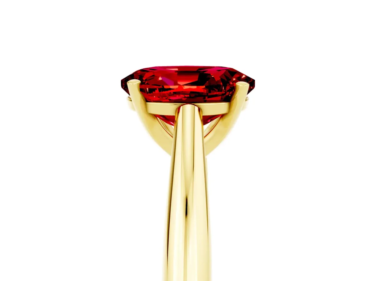 Oval Cut Ruby Solitaire Engagement Ring with Cathedral Setting and Four-Prong Mount Yellow gold