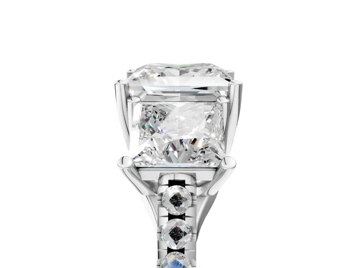 Three-Stone Princess Cut Diamond Ring with Round Pavé Band and Prong Setting Platinum