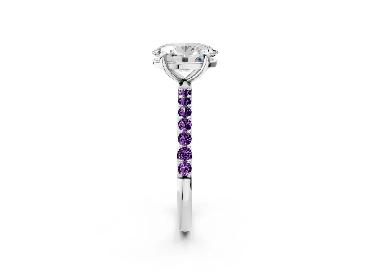 Oval Cut Diamond Solitaire Ring with Round Amethyst Pavé Band and Prong Setting Silver