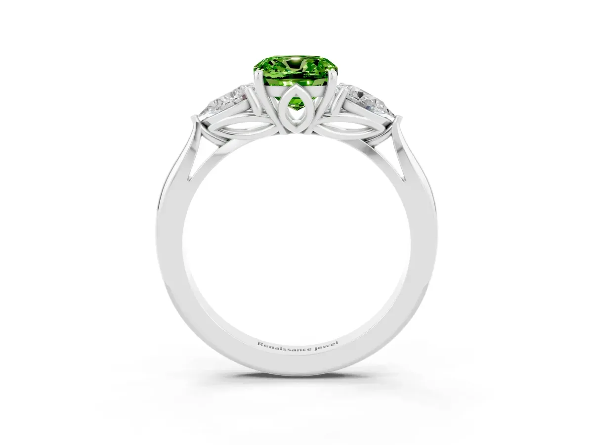 Three-Stone Cushion Cut Peridot Ring with Pear Side Stones in Four-Prong Setting White gold