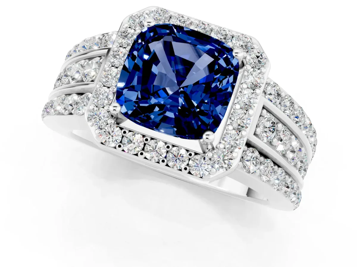 Cushion Cut Halo Blue Sapphire Ring with Round Split Shank and Prong Setting Platinum