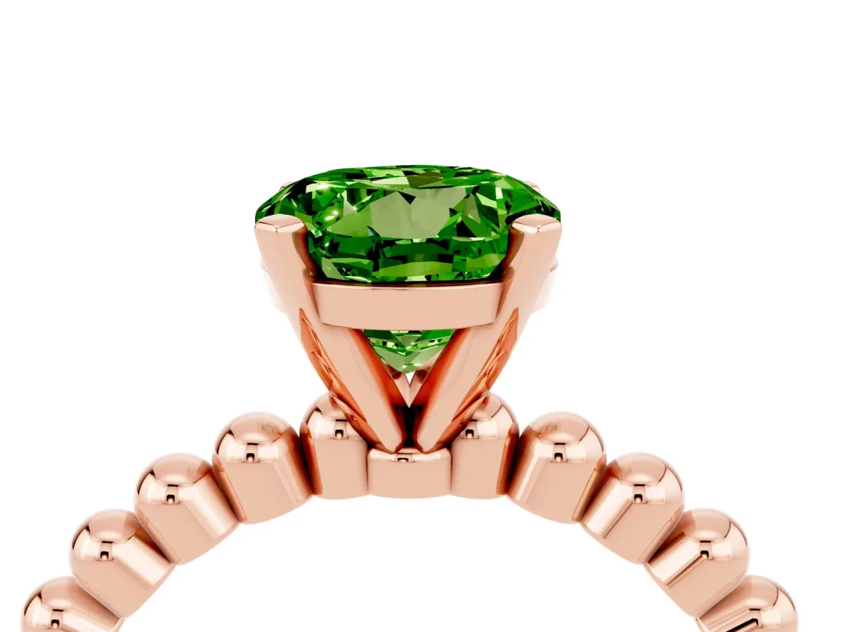 Round Cut Peridot Solitaire Ring with Beaded Band and Prong Setting Rose gold