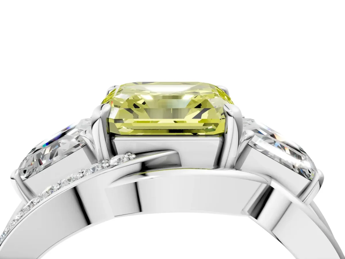 Fancy Yellow Three-Stone Asscher Cut Cut Diamond Split Shank Prong Set Ring Platinum