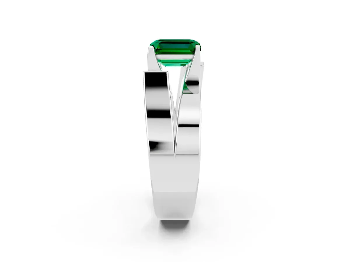 Modern Tension Set Emerald Cut Emerald Solitaire Wide Band Ring Silver
