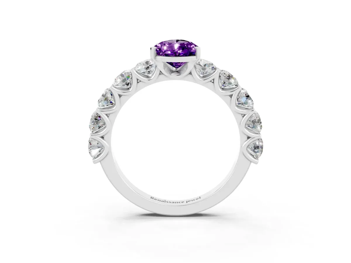 Pear Cut Amethyst Prong Setting with Side Stones on a Pave Band Silver