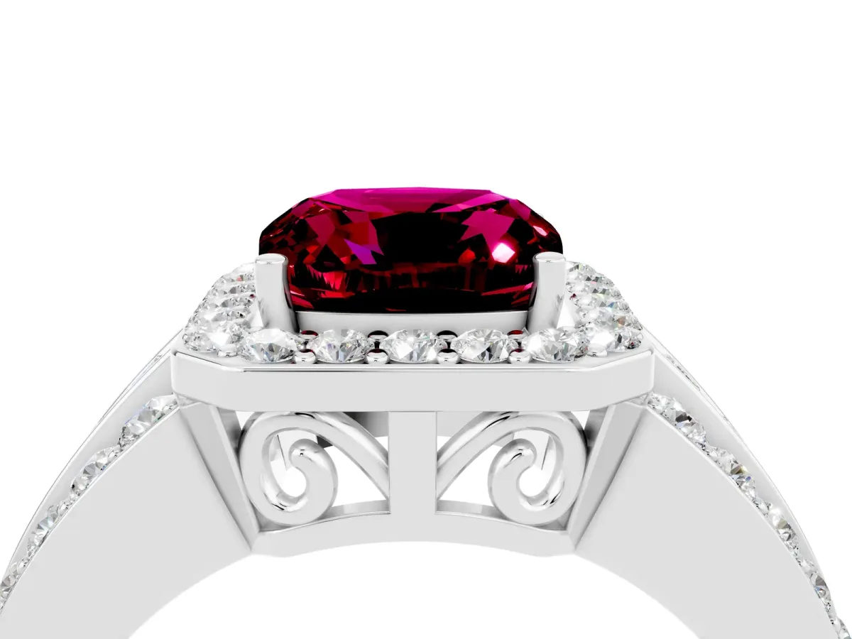 Cushion Cut Halo Garnet Ring with Round Split Shank and Prong Setting Platinum
