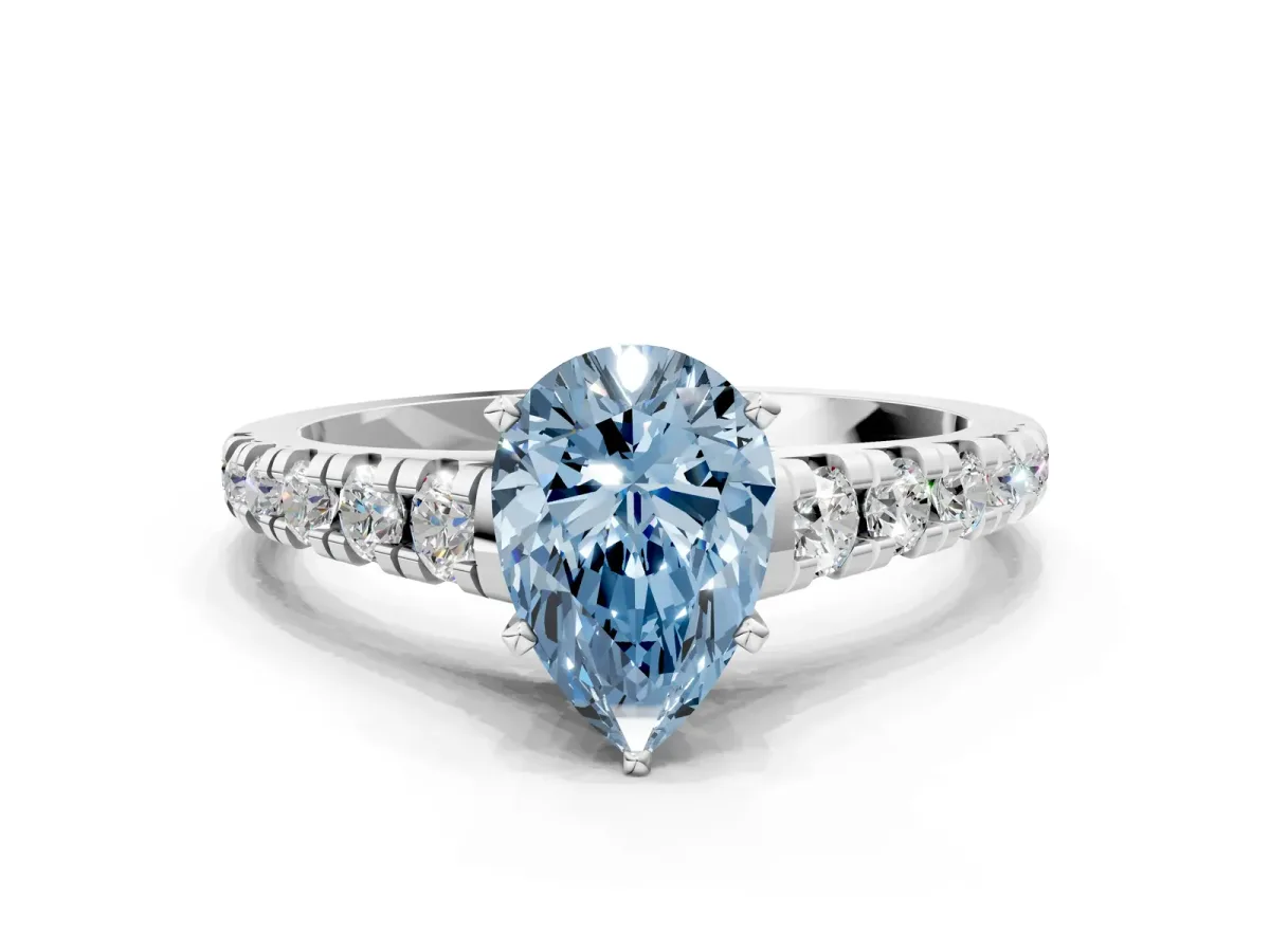Fancy Blue Pear Cut Diamond Cathedral Solitaire Ring with Round Pavé Band Platinum