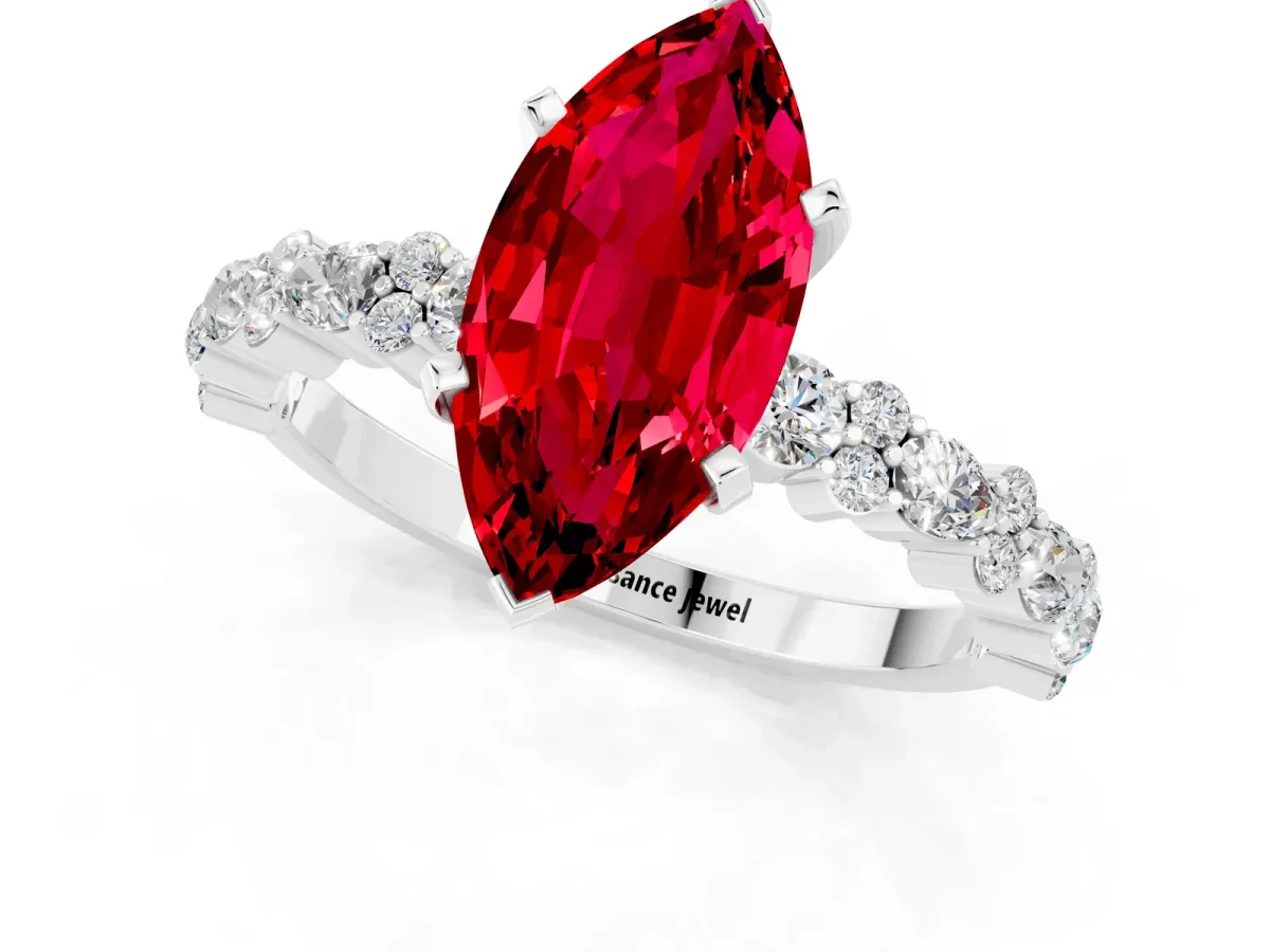 Marquise Cut Ruby Side Stone Solitaire Ring with Round and Four-Prong Setting White gold