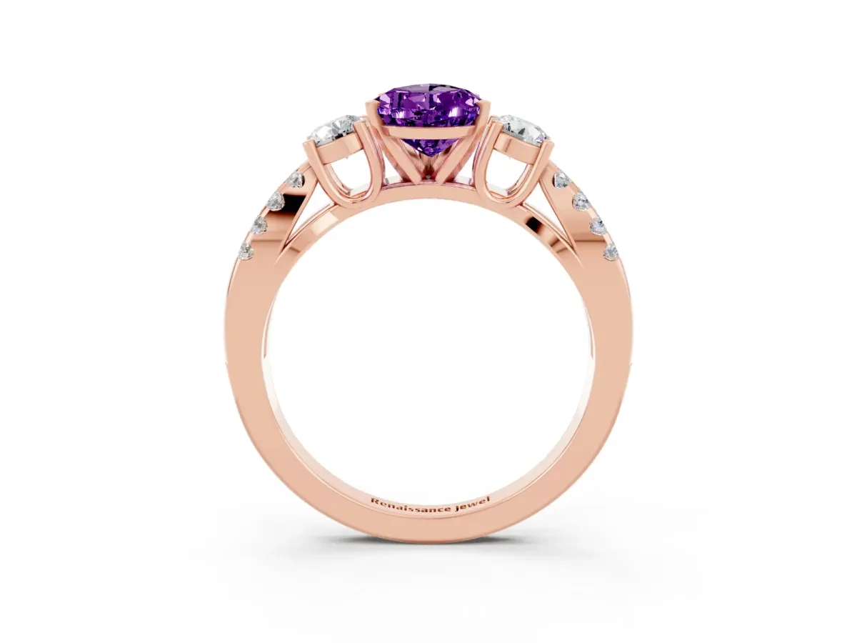 Pear Cut Amethyst Three-Stone Ring with Pavé Split Shank and Four-Prong Setting Rose gold