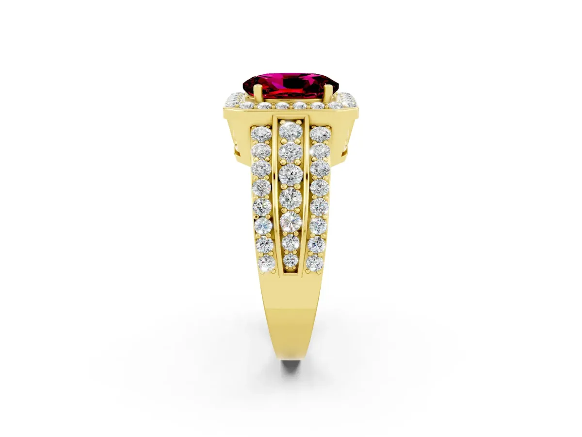 Oval Cut Halo Garnet Ring with Round Split Shank and Prong Setting Yellow gold
