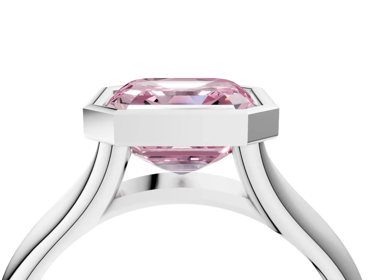 Fancy Pink Bezel Set Asscher Cut Solitaire Diamond Ring with Smooth Band Platinum